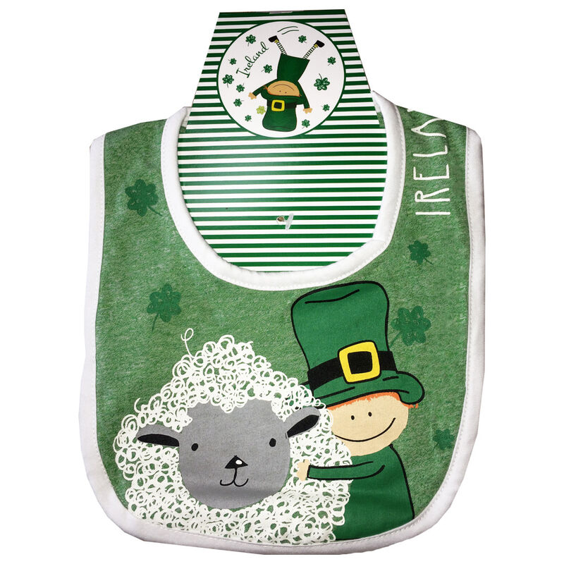 Ireland Baby Bib With Leprechaun And Sheep Design, Green Colour